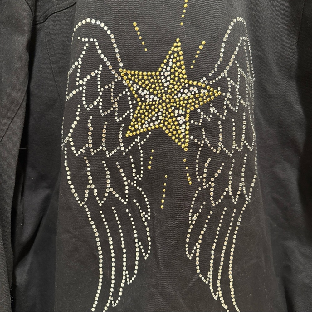 Vintage Women's Quacker Factory Denim Jean Jacket Black Rhinestones Size L Angel